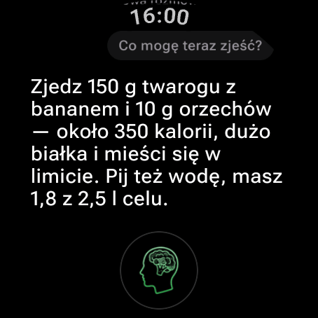 Coach żywieniowy AI na Wear OS odpowiada na pytanie „Co mam teraz zjeść?” posiłkiem, który mieści się w pozostałych kaloriach i makro