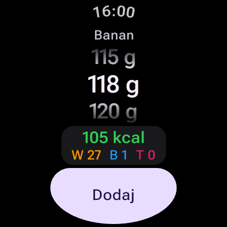 Potwierdzenie jedzenia na Wear OS: banan 118 g, 105 kcal z węglowodanami, białkiem i tłuszczem — obróć koronkę lub ramkę, by zmienić gramy, i stuknij Dodaj
