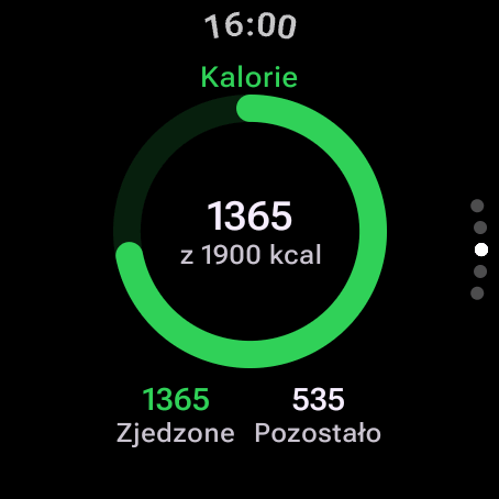 Wskaźnik kalorii na Wear OS: dziś zjedzone 1 365 z 1 900 kcal, zostało 535
