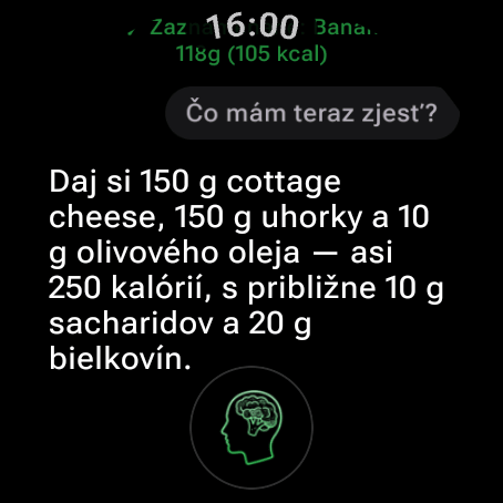 AI Coach na Wear OS odpovedá na otázku „Čo mám teraz zjesť?“ jedlom, ktoré sa zmestí do zostávajúcich kalórií a makier