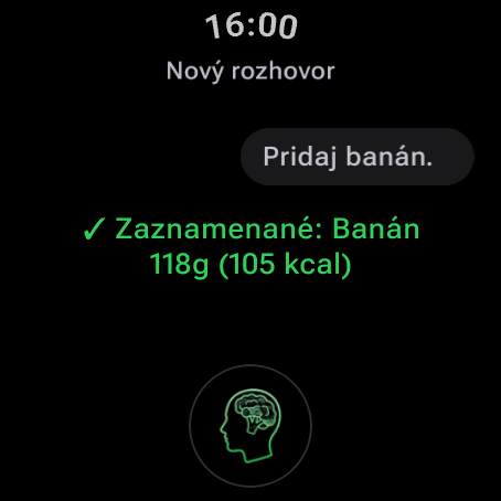 Zaznamenanie jedla rečou cez AI Coacha na Wear OS: „Pridaj banán“ — zaznamenaný banán 118 g (105 kcal)