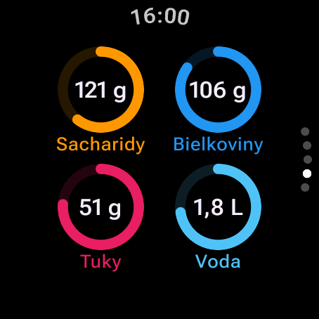 Makrá a voda na Wear OS: kruhy pre 121 g sacharidov, 106 g bielkovín, 51 g tukov a 1,8 l vody — ťuknutím na kruh uvidíš cieľ