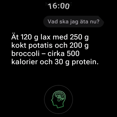 AI-näringscoach på Wear OS svarar på ”Vad ska jag äta nu?” med en måltid som passar de kalorier och makron du har kvar