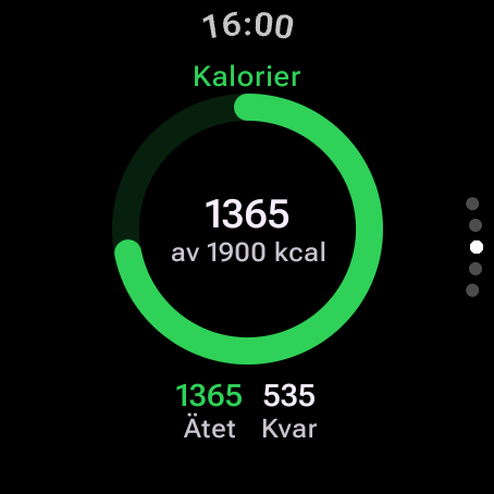 Kalorimätare på Wear OS: 1 365 av 1 900 kcal ätna i dag, 535 kvar
