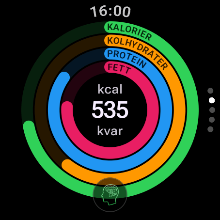 Kaloriräknare för Wear OS: fyra makroringar för kalorier, kolhydrater, protein och fett med 535 kcal kvar, och knappen till AI Coach