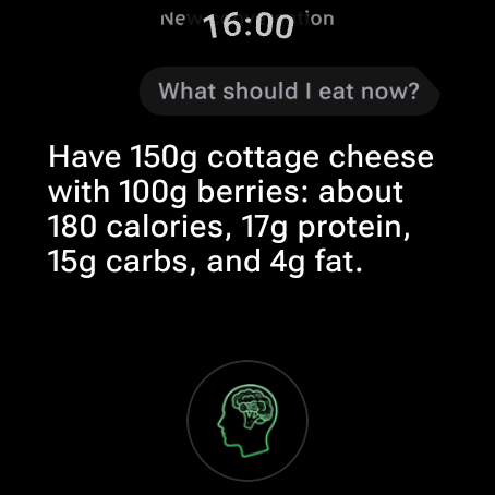 AI nutrition coach on Wear OS answering “What should I eat now?” with a meal that fits the remaining calories and macros