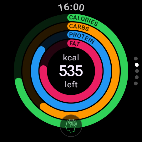 Calorie counter for Wear OS: four macro rings for calories, carbs, protein and fat with 535 kcal left, and the AI Coach button