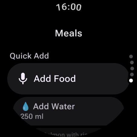 Wear OS Meals page: Add Food to log a meal by voice or keyboard, Add Water, and your usual foods in Quick Add